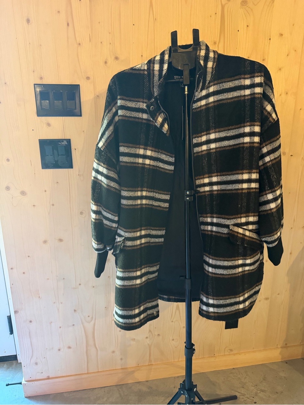 Steve Madden Black and White Plaid Pea Coat